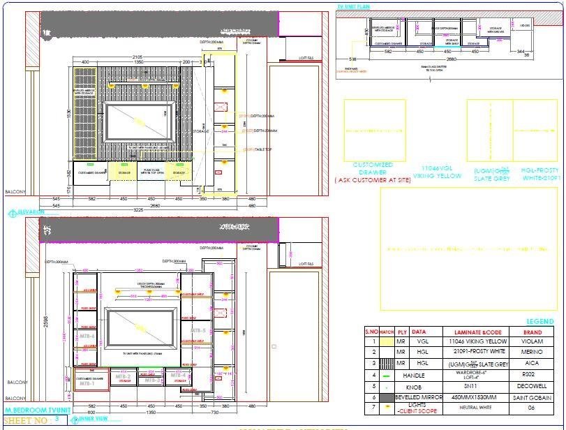 2D space plan and elevation drawing for a TV unit